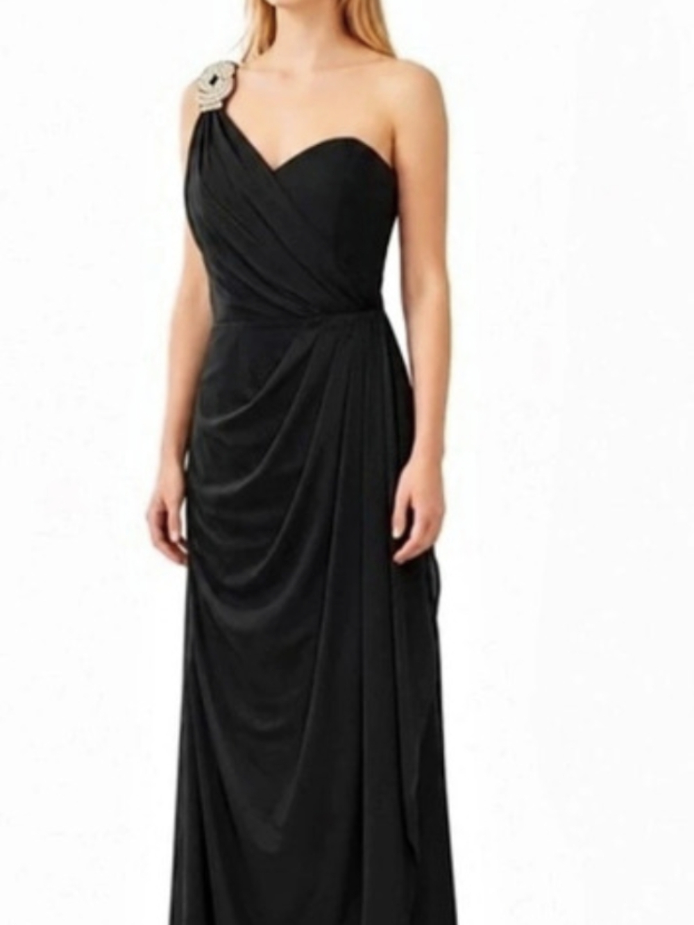 One-Shoulder Evening Gown with Rhinestone Brooch Black Maxi